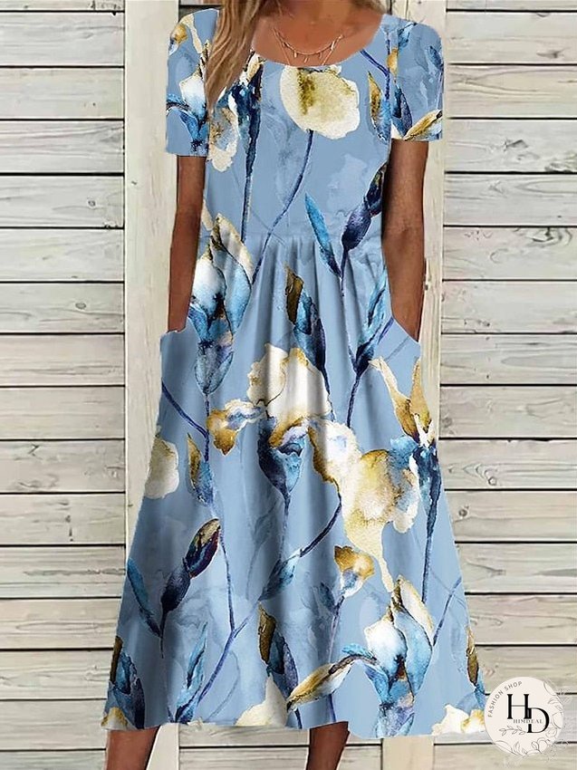 Casual Dress Summer Dress Print Dress Floral Pocket Print Crew Neck Midi Dress Fashion Streetwear Outdoor Daily Short Sleeve Loose Fit White Blue Dark Blue Summer Spring S M L XL XXL for Women
