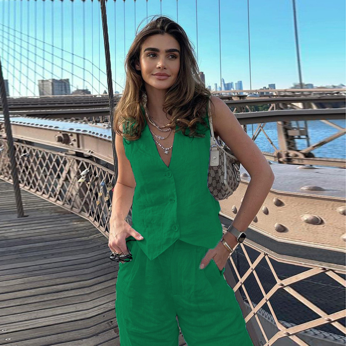 Ootddress Casual Women 2 Piece-Set Straight Legg And Sleeveless Top Vestidos Sets Slim V-Neck Summer Pocket Fashion Trousers Sets