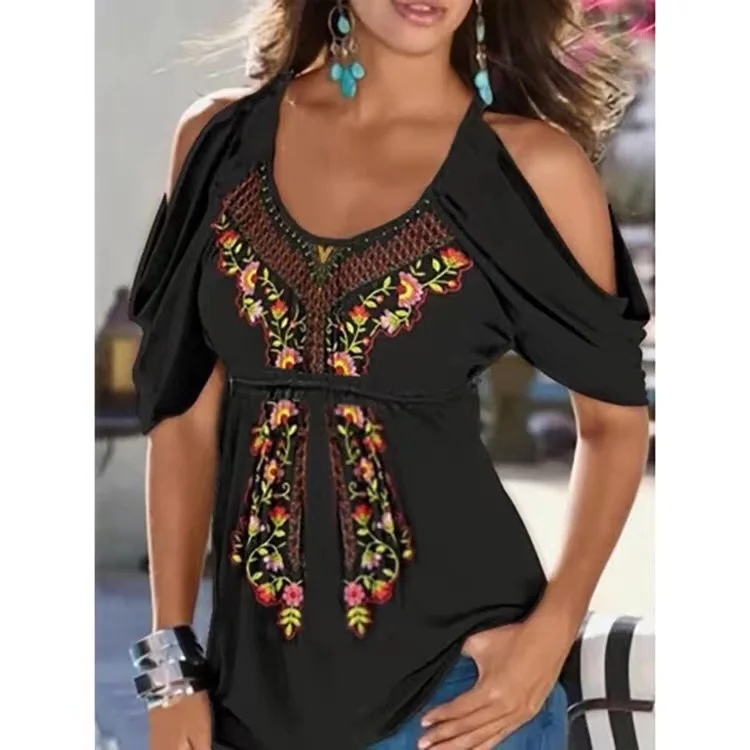 Summer Loose V-Neck Pleated Print Off-The-Shoulder Women's Short-Sleeved