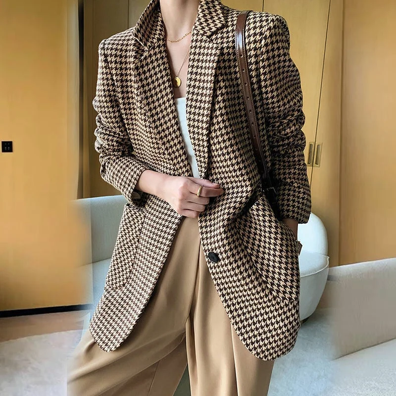 Office Lady Autumn Plaid Small Fragrance Coat Large Loose Temperament Woolen Suit Small Suit Thousand Birds Special Suit Women