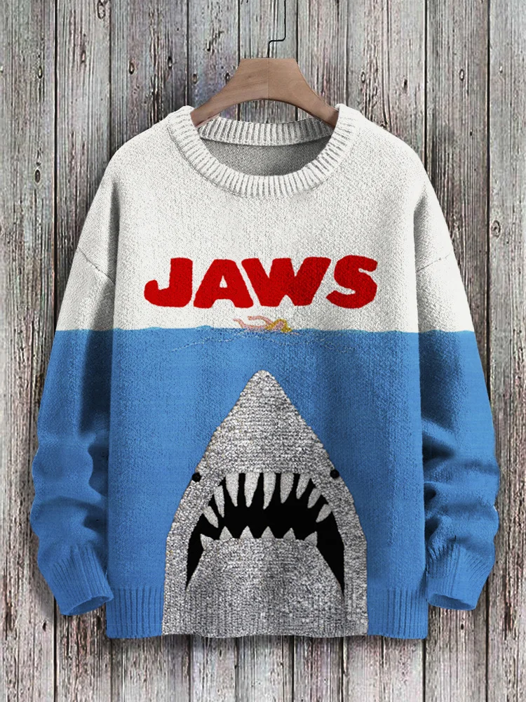 Ocean Killer Shark Jaws Print Cozy Knit Sweater