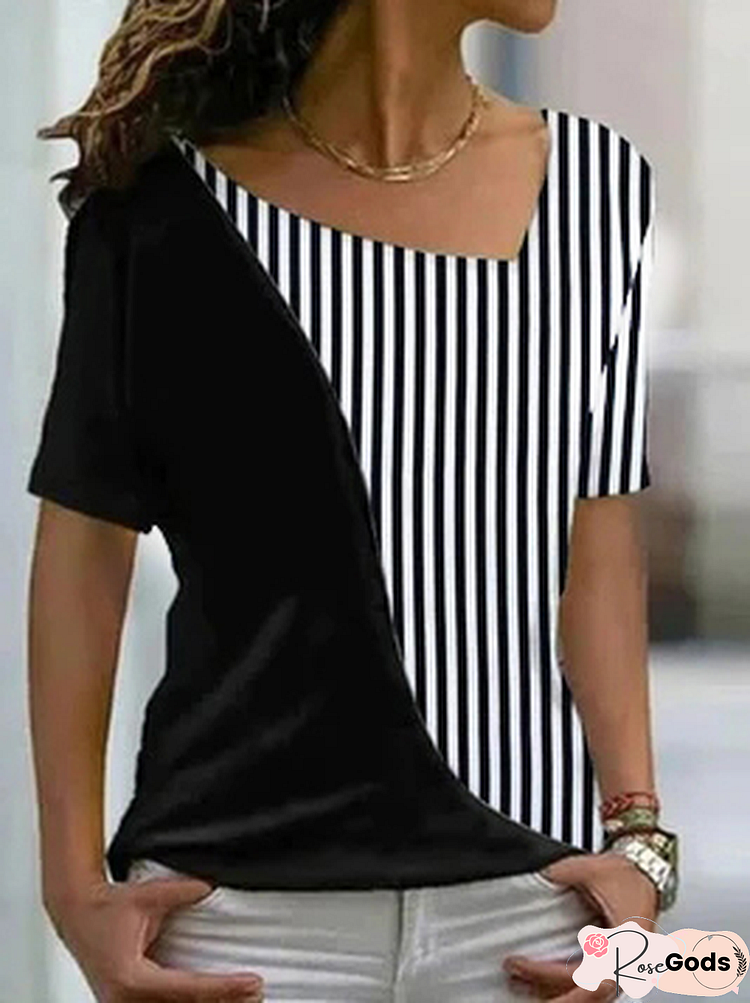 Cotton-Blend V Neck Striped T-Shirt