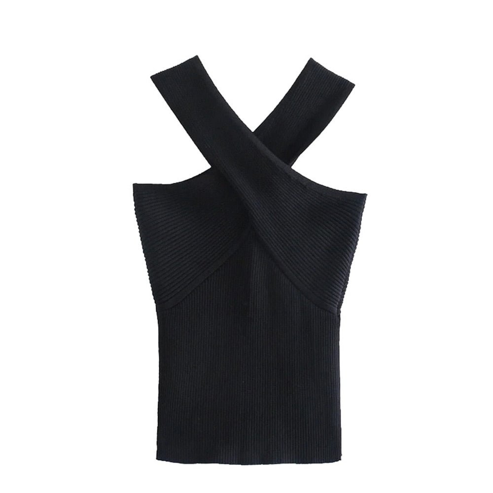 TRAF Women Sexy Fashion Cross Wide Straps Cropped Black Knit Tank Tops Vintage Backless Fitted Female Camis Mujer