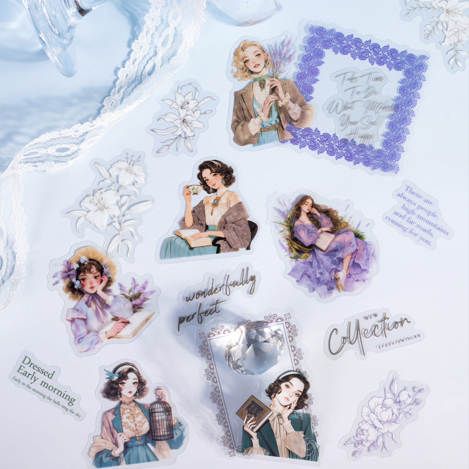 PET 스티커 - 화영 직조 언어 시리즈 빈티지 레이스 꽃 캐릭터
