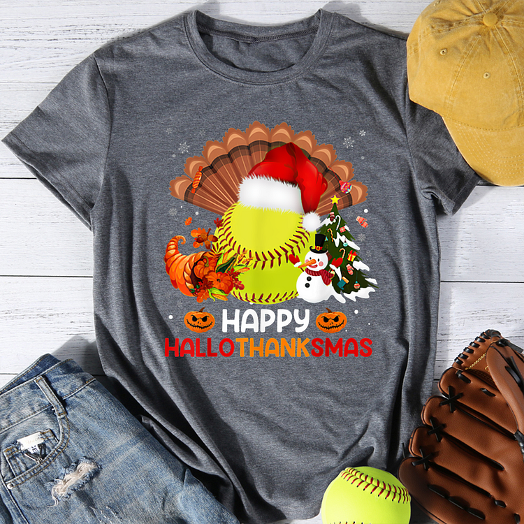 Softball Halloween Merry Christmas Happy Hallothanksmas T-Shirt Tee-Annaletters