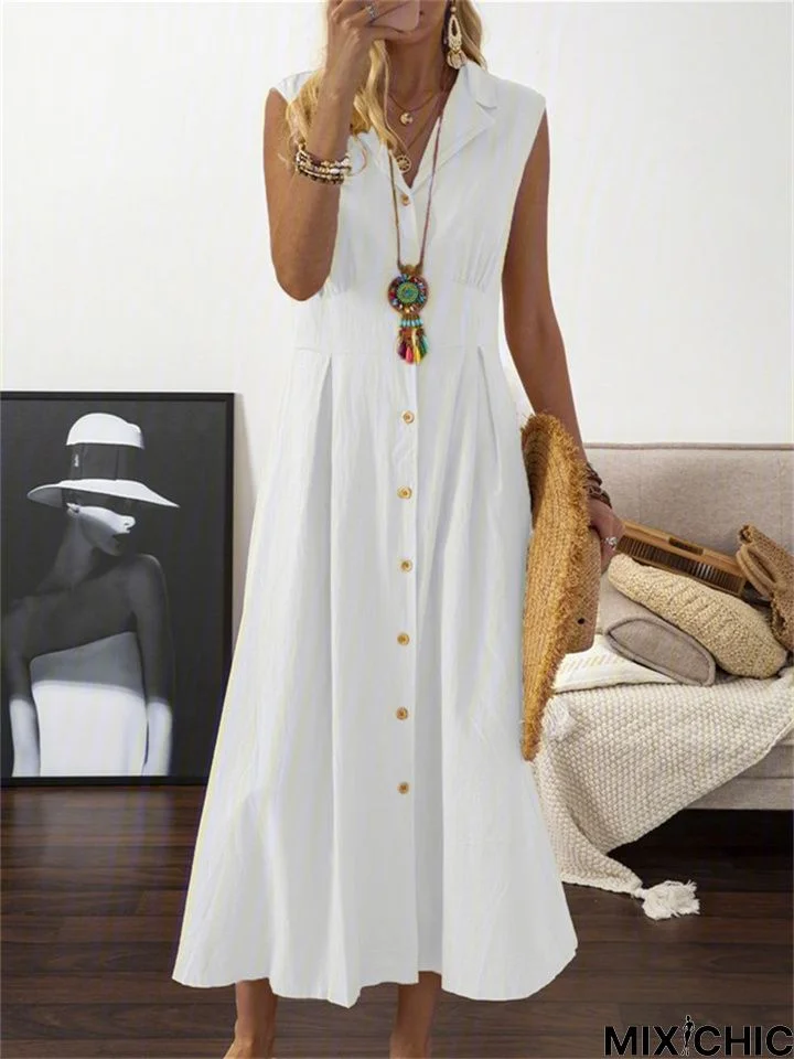 Collar Women's A-Shaped Retro Cotton Linen Long Dress