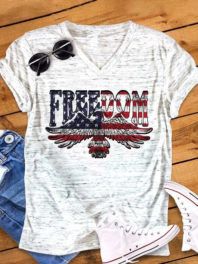 Women's Freedom Flag Print Snowflake Dot V-Neck Short Sleeve T-Shirt