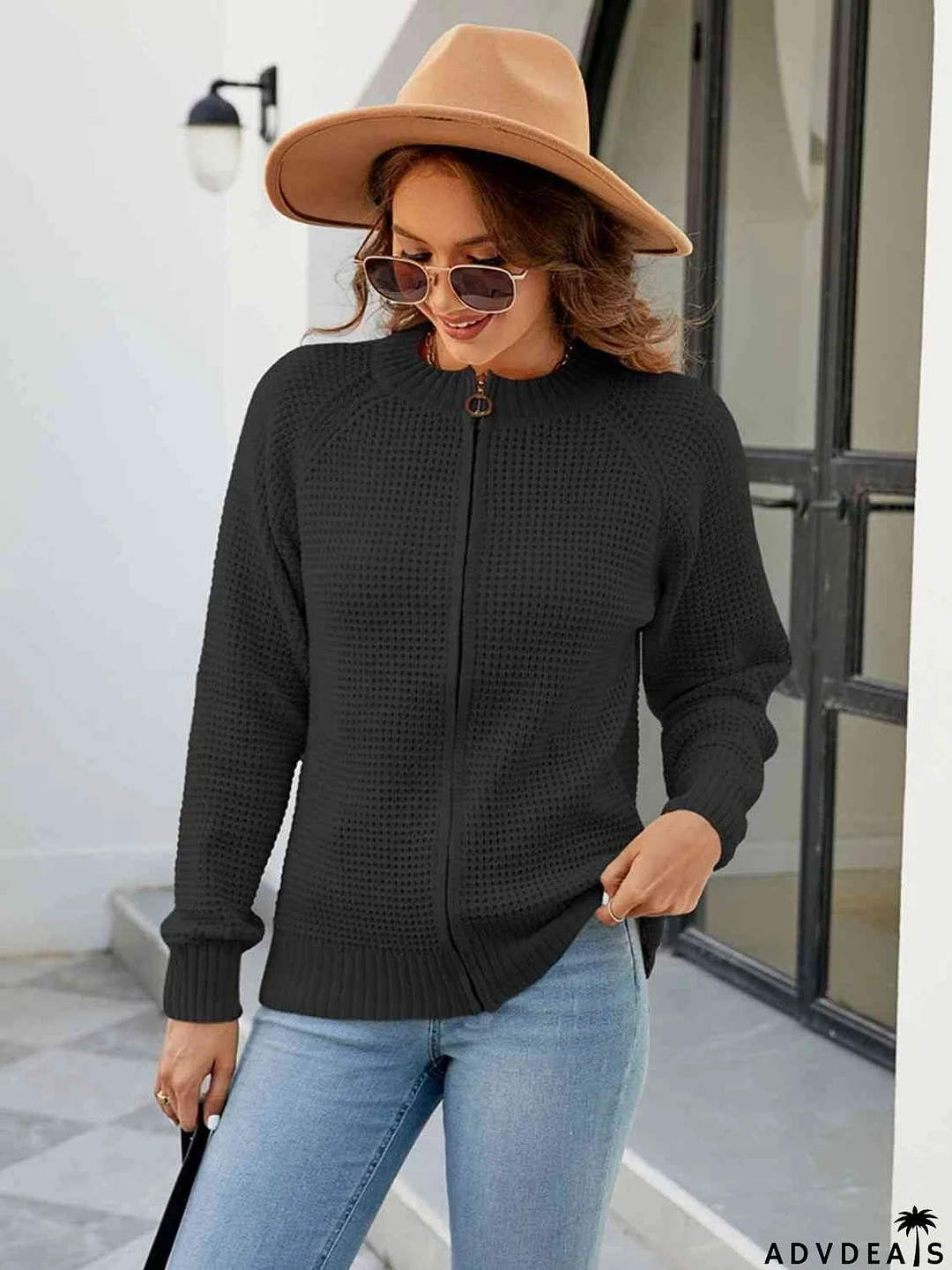 Zip-Up Round Neck Cardigan