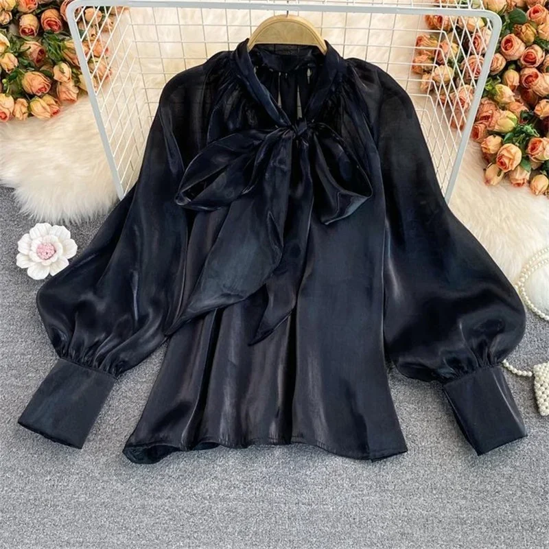 Applyw Women Blouses Shirts 2023 Summer Chiffon See Throught Office Ladies Blouse Fashion Puff Sleeve Lace Up Shirts Tops Black