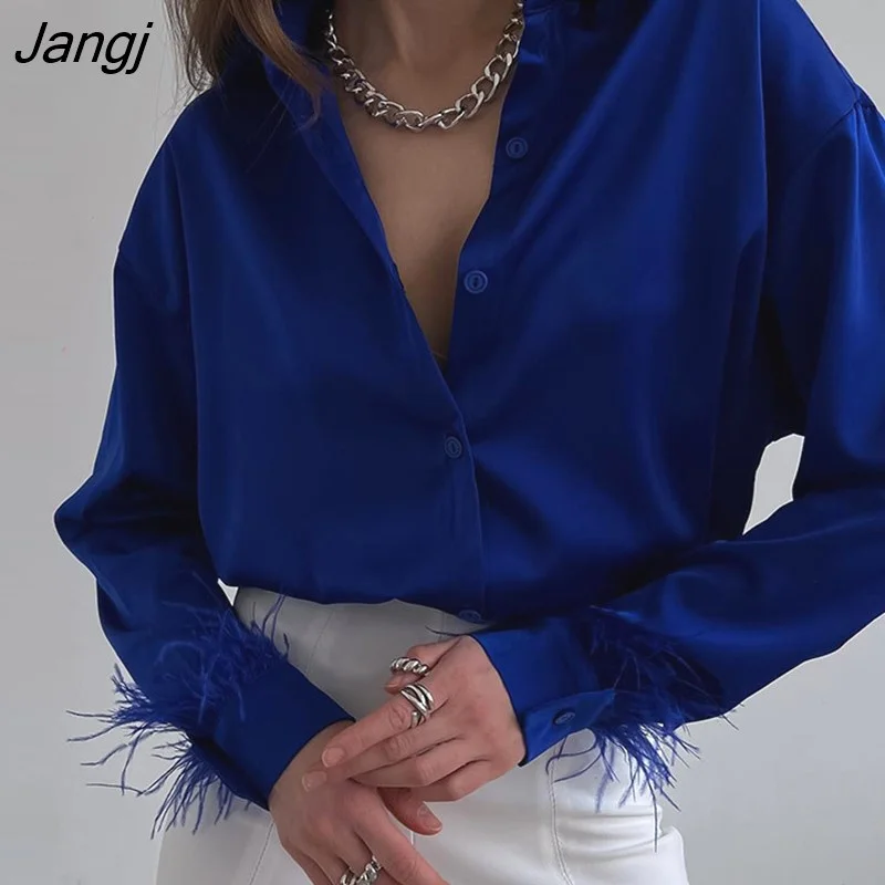 Jangj Shirts Blouses Women Spring Summer Long Sleeve Spliced Feathers Solid Ladies Tops Office Lady Silk Satin Casual Blouses