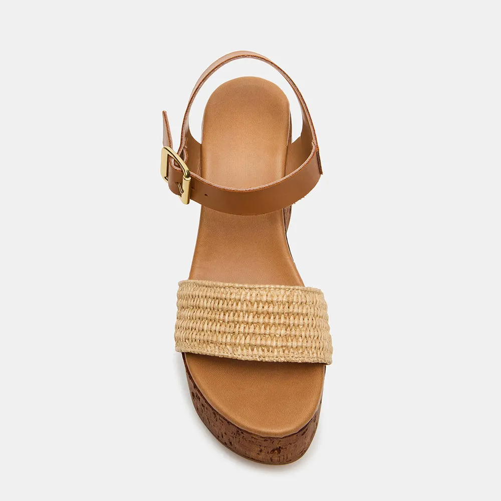 Tan & Beige Ankle Strap Open Toe Wedge Sandals with Platform