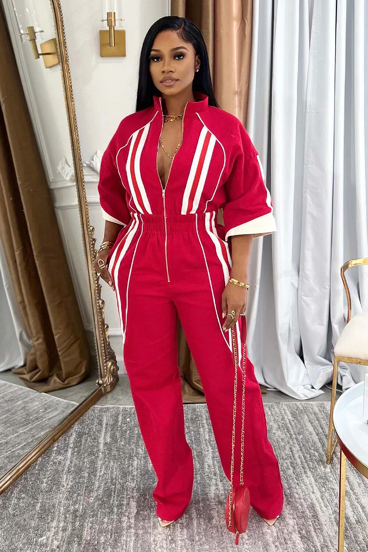 Striped Print Half Sleeve Front Zipper Straight Leg Casual Jumpsuit-Red