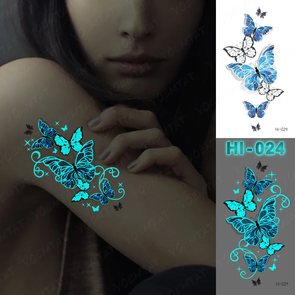 Sdrawing Luminous Glow Tattoo Sticker Pink Feather Waterproof Temporary Tatoo Butterfly Deer Wrist Fake Tatto For Body Art Women Men