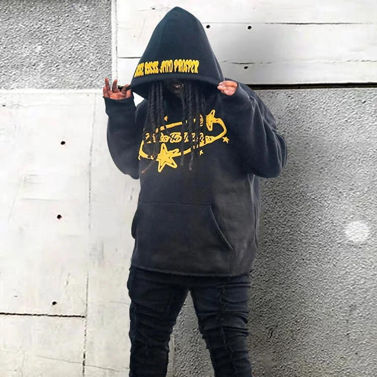 Street Lettering Star Print Hooded Sweatshirt Zipless Pocket Hoodie at Hiphopee