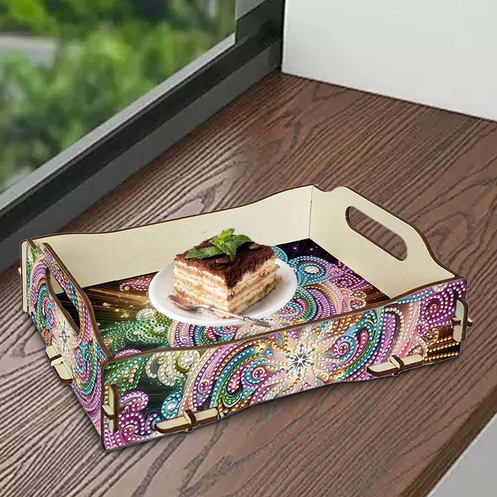 5D DIY Vortex Diamond Painting Wooden Serving Tray with Handle for Coffee Table