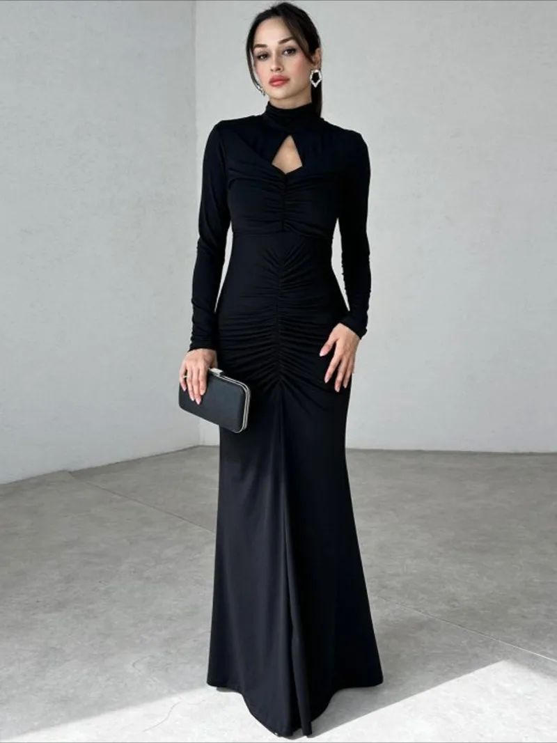 Maniros Women's Elegant Hollow Out Ruched Long Dresses 2025 Fall Winter Turtleneck High Waist Folds Backless Black Party Evening Dress