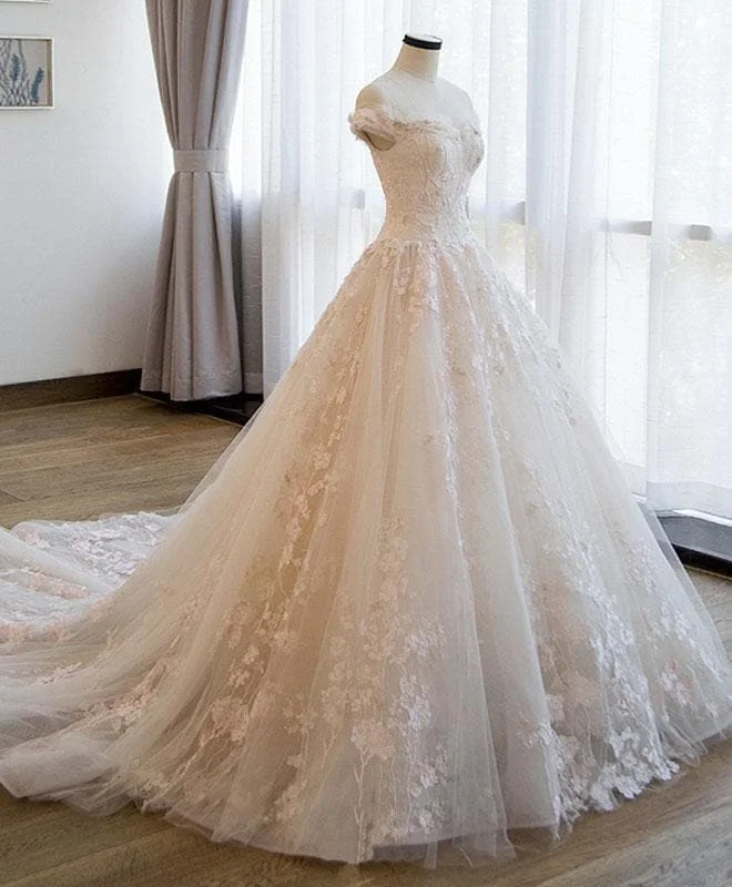 Champagne Tulle Lace Long Wedding Gown, Champagne Wedding Dress