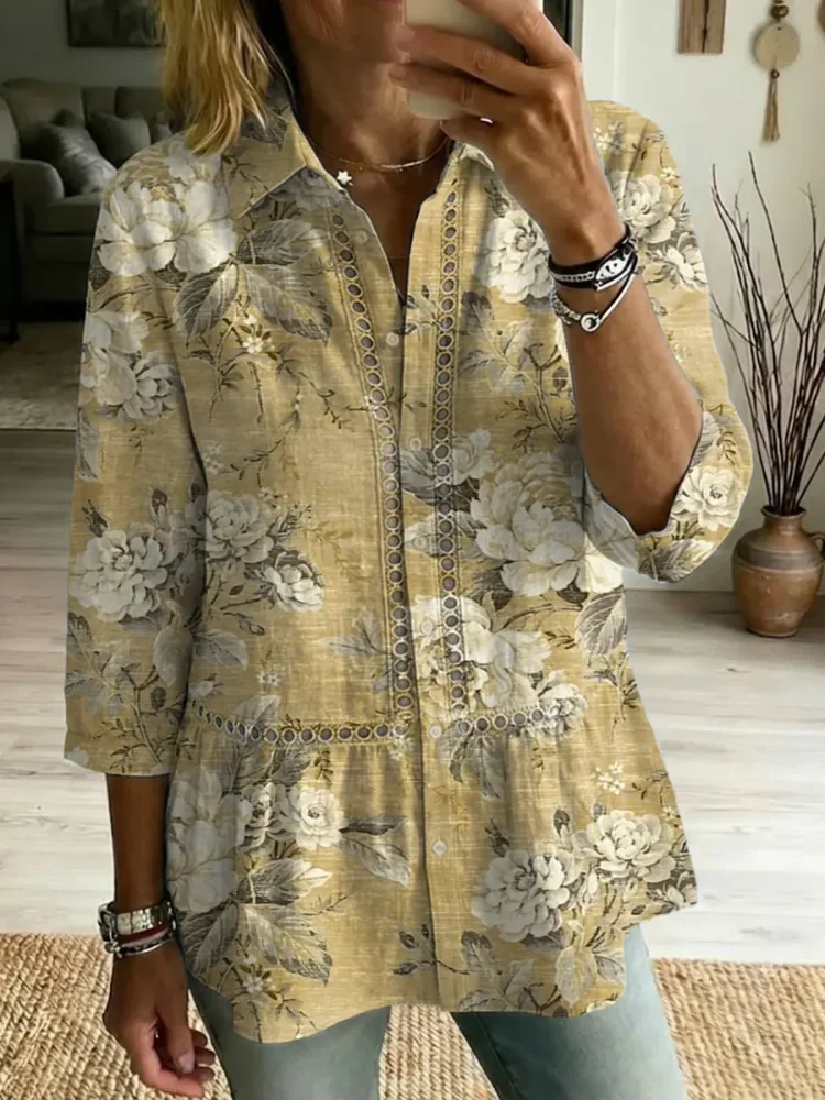 Women's Retro Floral Art Print Casual Lapel Cotton Shirt