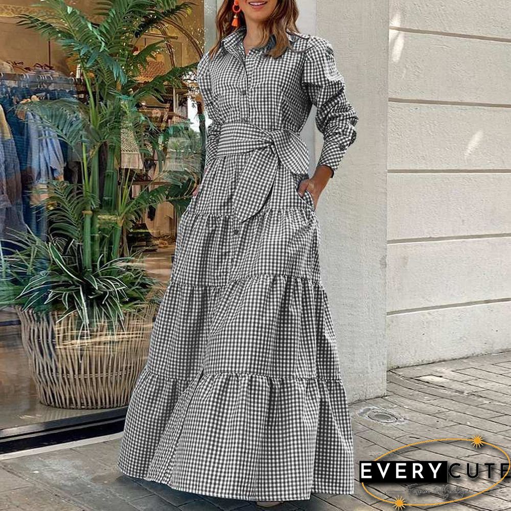 Shirt Dress Women Long Sleeve Party Dresses Casual Lapel Button Vintage Belted Pockets Sundress Plaid Printed Robes