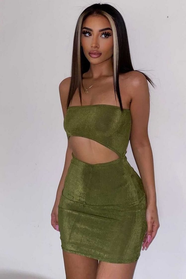 Olive Green Cut Out Front Ruched Bodycon Dress- Minxy / 12
