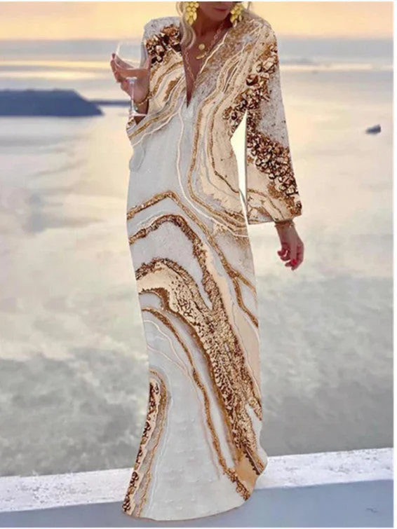 Women Long Sleeve V-neck Gradient Graphic Maxi Dress