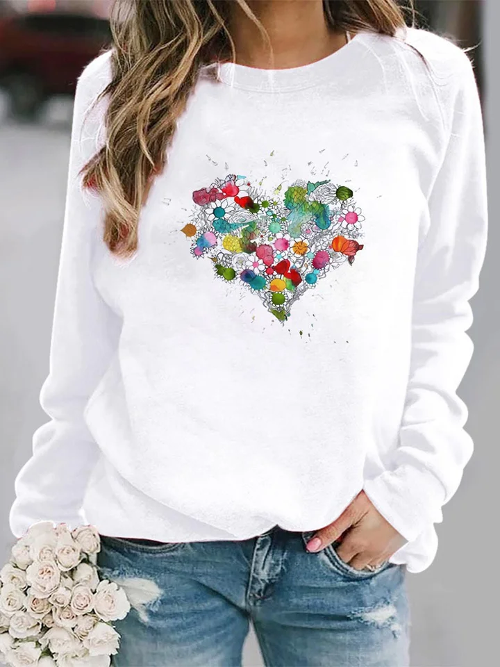 Women's T Shirt Heart Floral Flower Long Sleeve Round Neck Tops Basic Top White Blue Blushing Pink