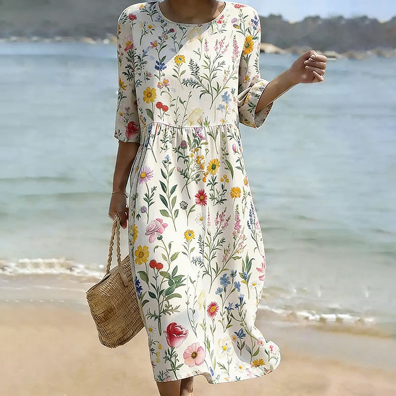 Vintage Floral Art Linen Blend Loose Linen Dress wearshes