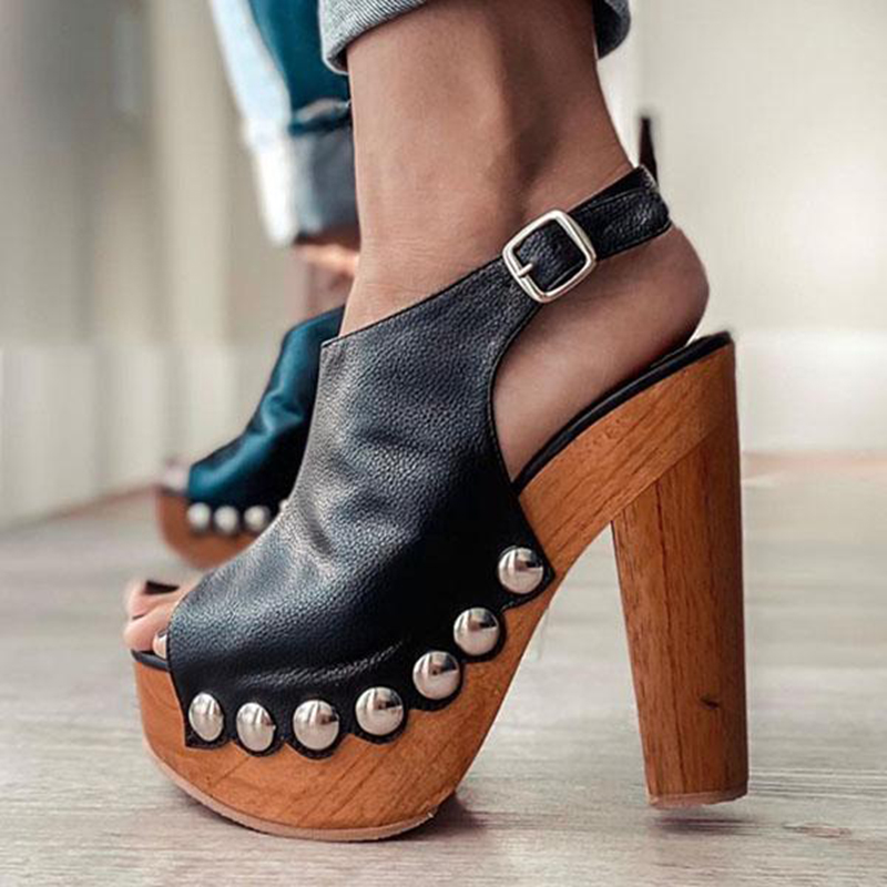 Black Peep Toe Trendy Clog Heels Slingback Studded Platform Shoes