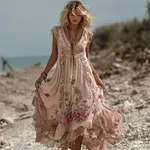Vintage Boho Pink Roses Lace Flowy Linen Maxi Dress - Image 2