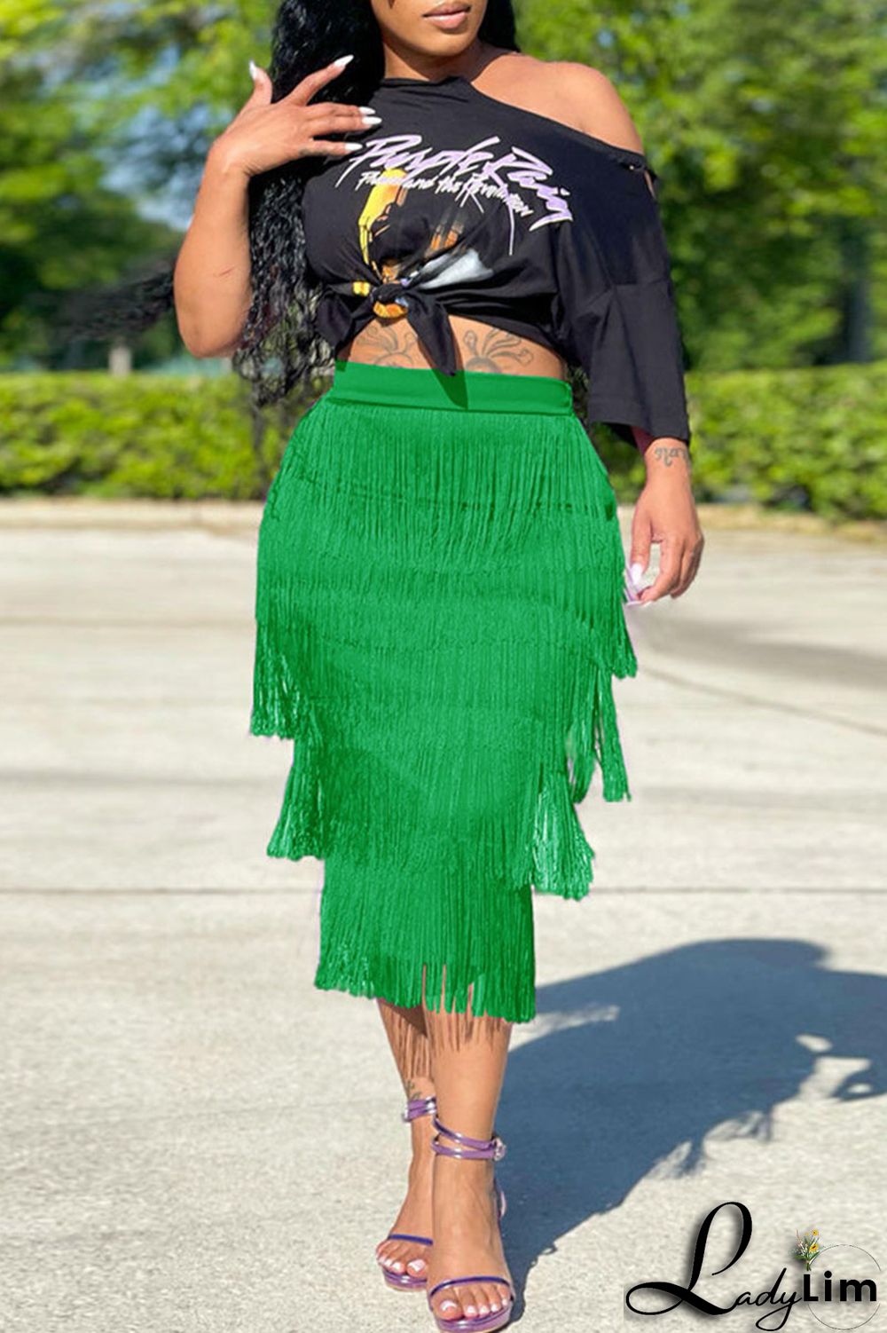 Purple Casual Print Tassel Split Joint O Neck Short Sleeve Two Pieces