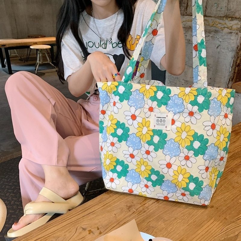 Large Capacity Women Thin Cloth Shoulder Bag Retro Floral Schoolgirl&#39;s Book Tote Handbags Vintage Female Grocery Shopping Bags US Mall Lifes