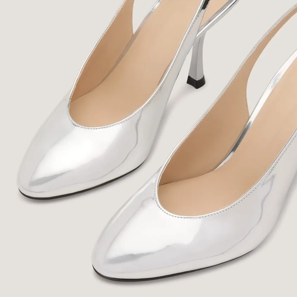 Patent Leather Round Toe Slip On Stiletto Heel Slingback Silver Pumps