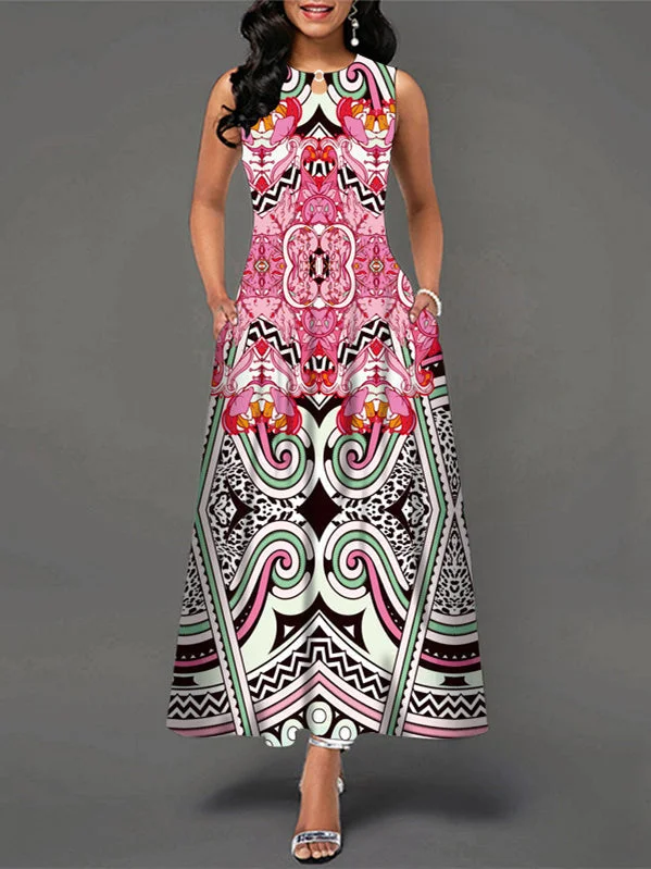 Women's Sleeveless Scoop Neck Floral Printed Maxi Dress