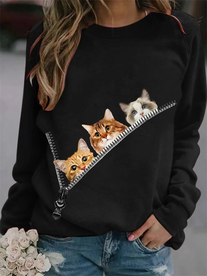 Creative 3d Printing Three Cats Cartoon Summer New Women's Round Neck Sweater-Cosfine