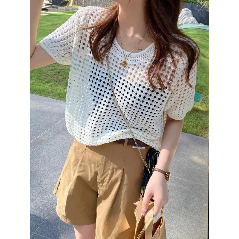 Ueong Short-Sleeved Sweater Women's Wear Summer Thin Style Design Sense Of Niche Chic Unique Loose Sweater Blouse