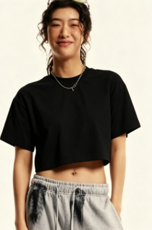 Solid Casual Crew Neck Short Sleeve Cropped T-Shirt