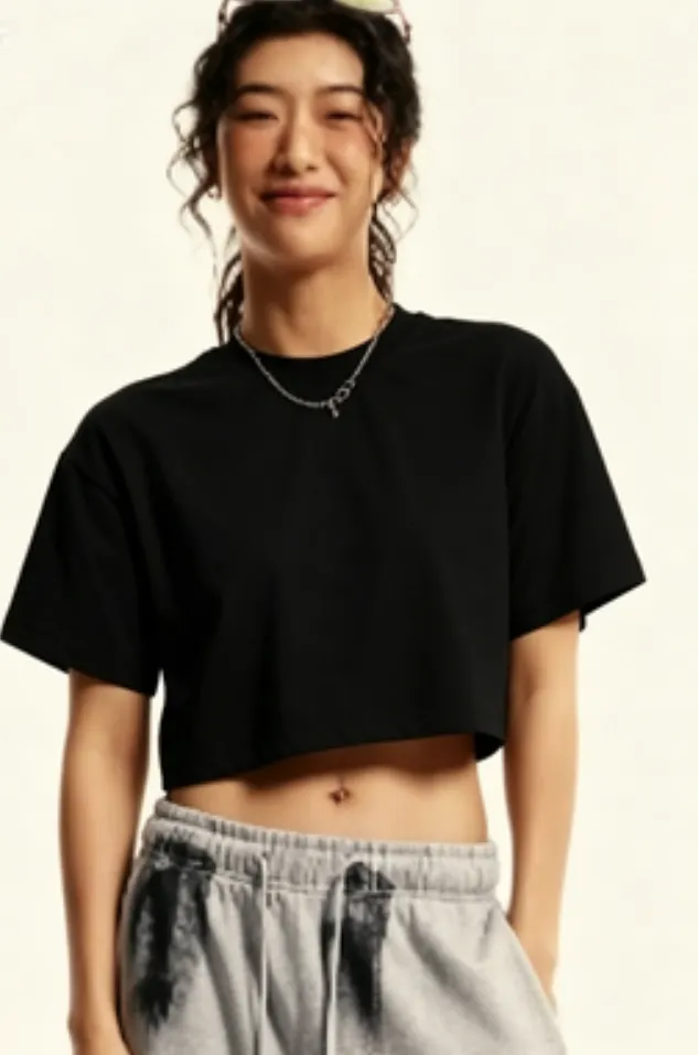 Solid Casual Crew Neck Short Sleeve Cropped T-Shirt