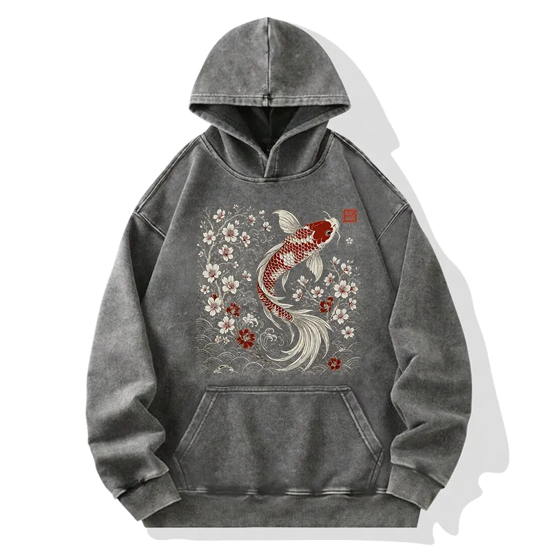 Vintage Sakura And Koi Washed Hoodie artswardrobe