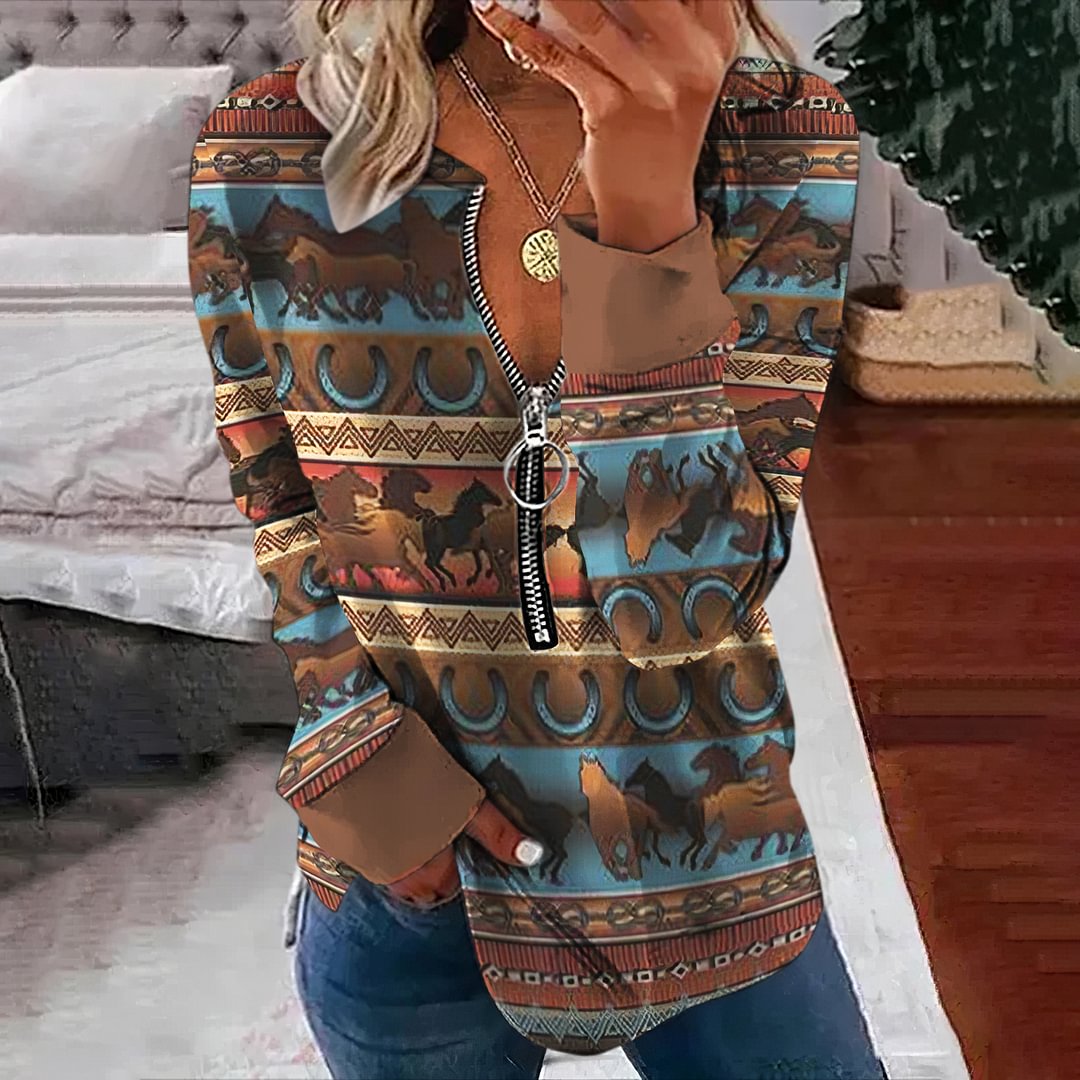 Western Horse Print V-Neck Casual Sweatshirt