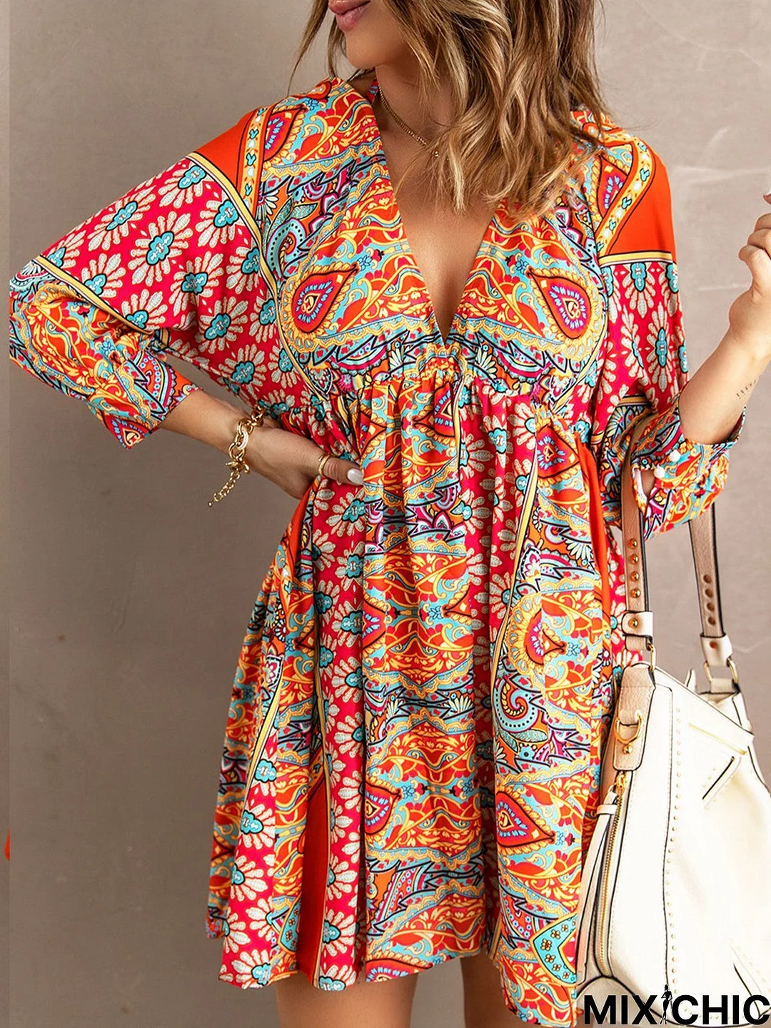 Loose V Neck Paisley Vacation Dress