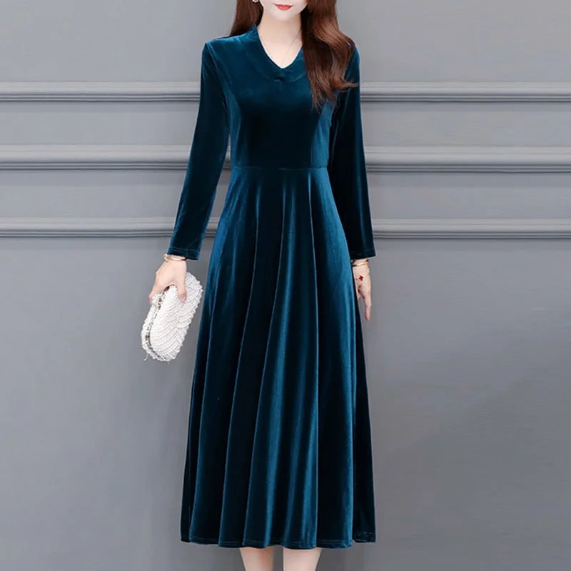 Ordifree 2021 Autumn Vintage Women Midi Party Dress Long Sleeve Burgundy Black Velvet Dress Plus Size 3XL 4XL 5XL 6XL