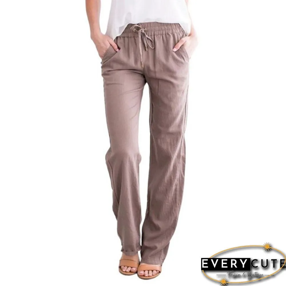 Summer Women's Cotton Linen Drawstring Loose Wide-Leg Pants Hot Sale Long Trousers With Pocket