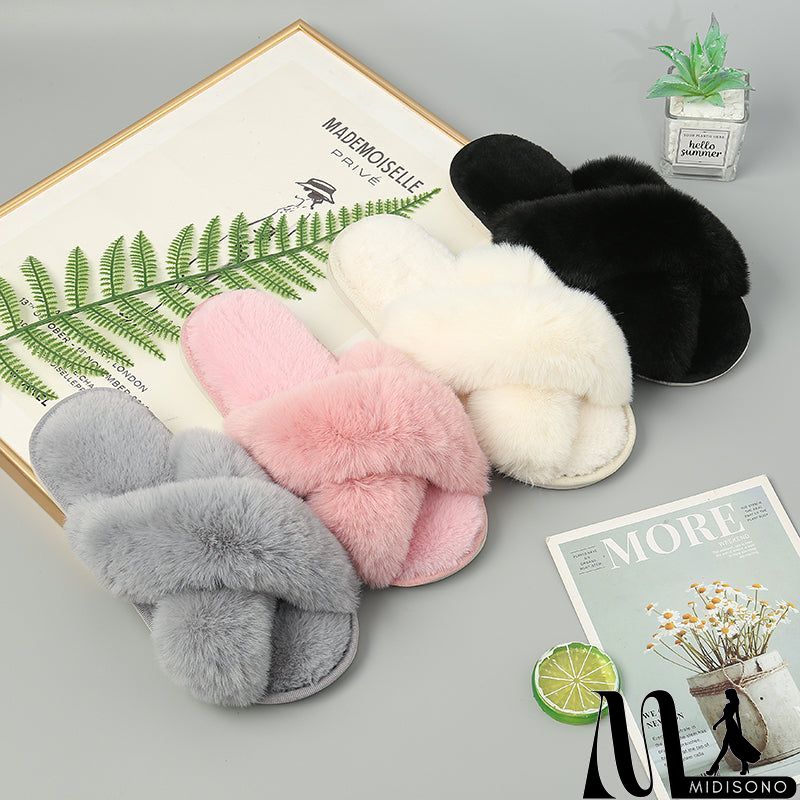 MidiSono - Faux Fur Crisscross Strap Slippers