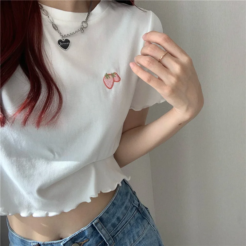 Uveng Uveng Hot Girl Crop Short Style Student Jacket 2024 Summer New Short Sleeve Embroidery Wooden Ear Slim T-Shirt Female Tide
