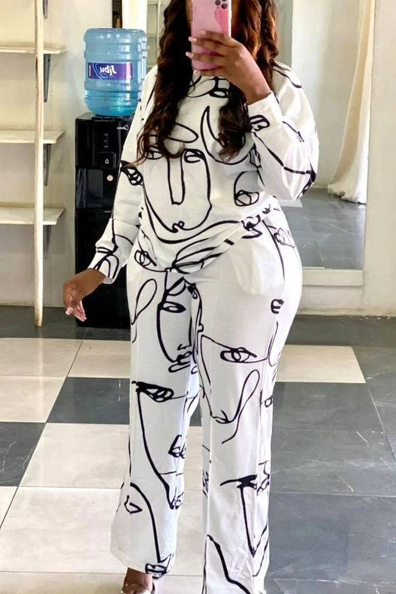 Casual Print Split Joint O Neck Long Sleeve Two Pieces
