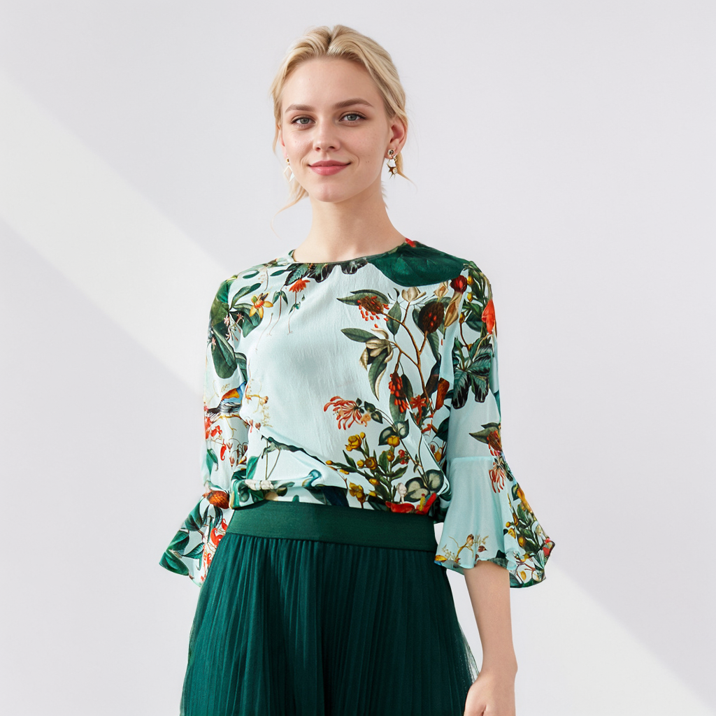 Turquoise Silk Blouse with Retro Floral Prints for Stylish Occasions REAL SILK LIFE