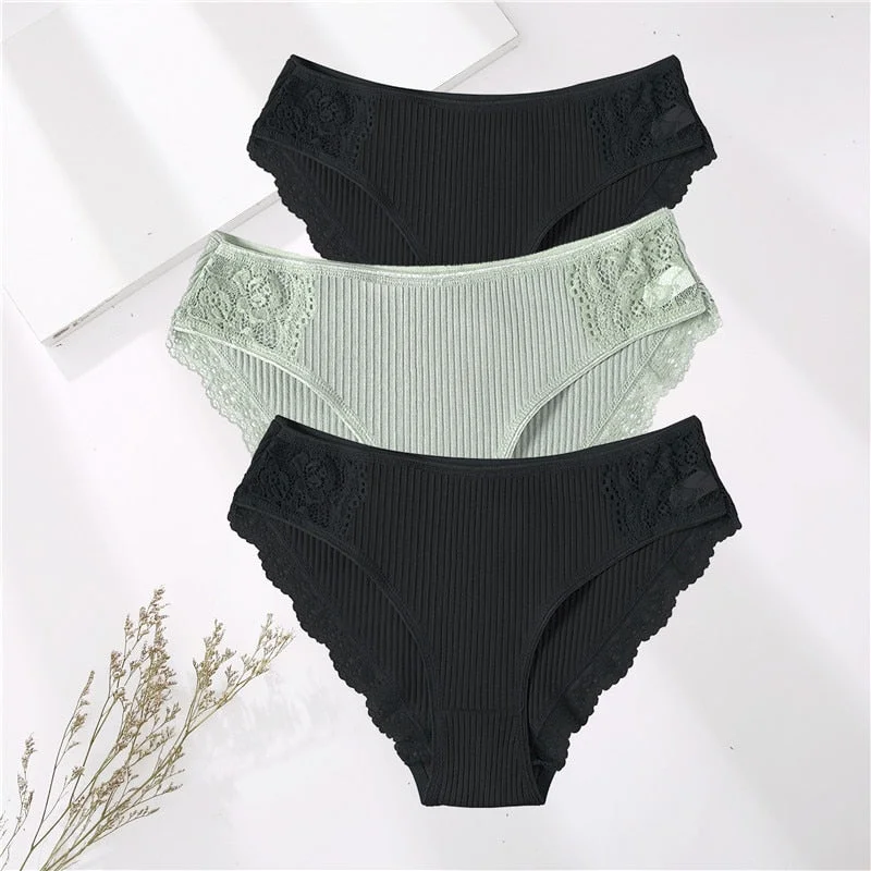 FINETOO 3PCS/Set M-XXL Cotton Underwear Women's Panties Comfort Underpants Floral Lace Briefs For Woman Sexy Low-Rise Intimates