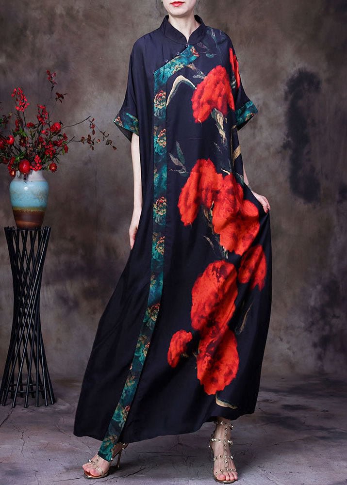 Vintage Black Mandarin Collar Floral Print Silk Long Dress For Wemon Short Sleeve