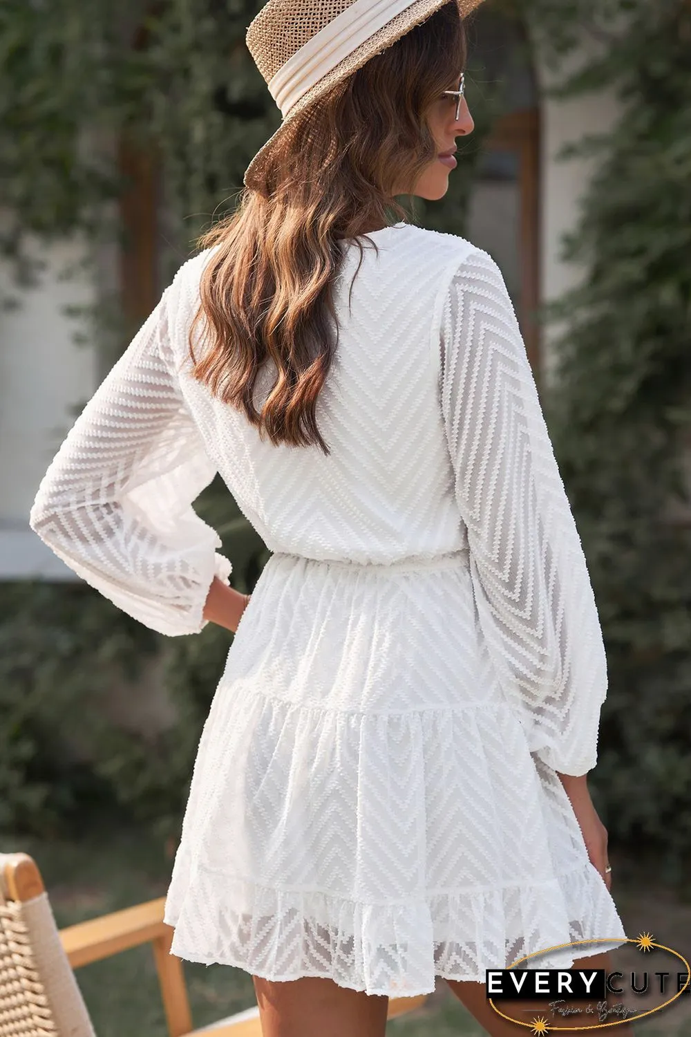 White Waved Stripes Textured Balloon Sleeve Tiered Dress