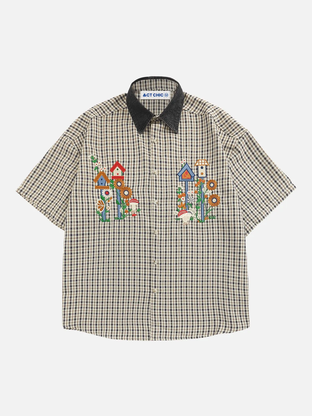 Black Plaid Floral Embroidery Short Sleeve Shirt Front